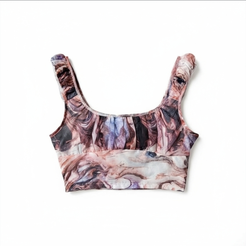 SHEIN Women's Ruffled Crop Top - Peach Marble Print - Size Large - Picture 1 of 5